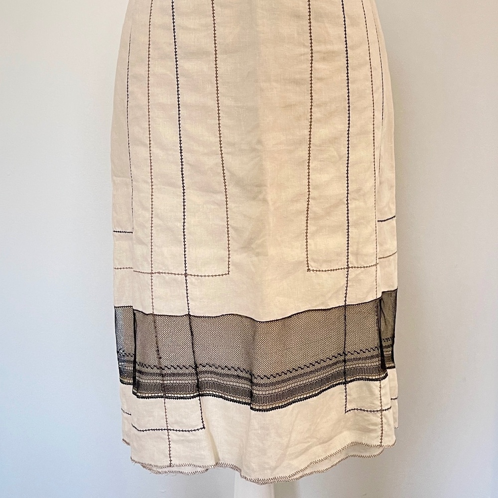 Rozae Nichols Cream A-Line Skirt with Black Mesh Trim